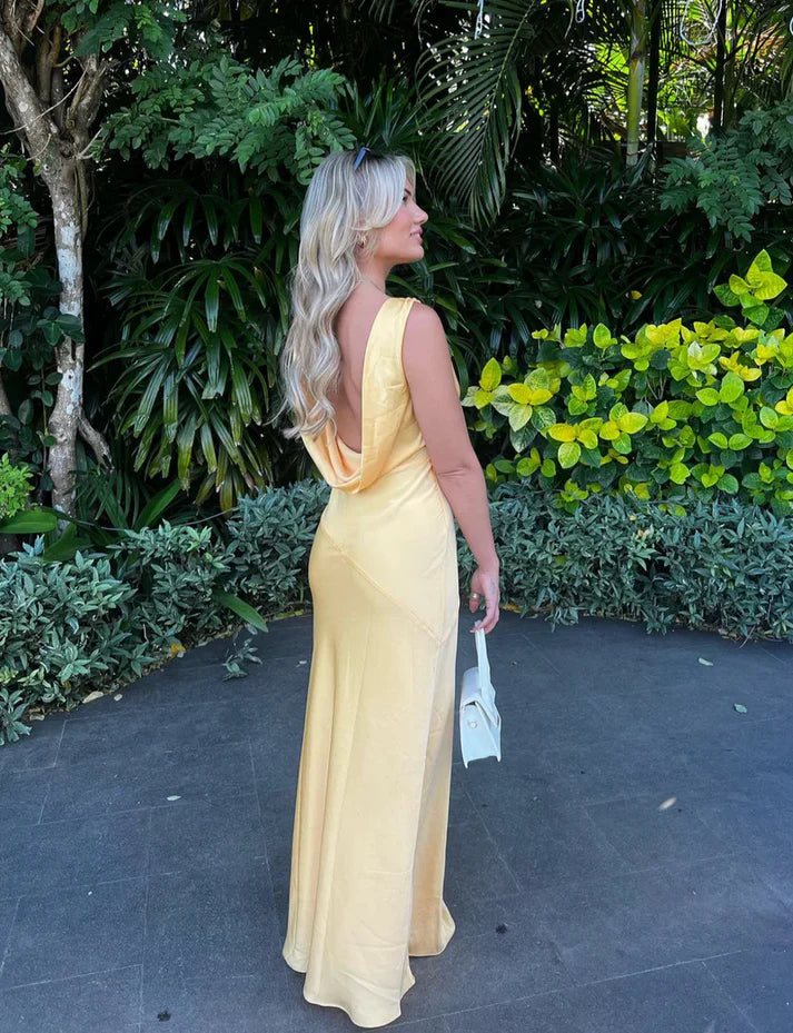 Luolandi Yellow V Neck Backless Elegant Long Party Dress Sexy Evening Dress Formal Dress